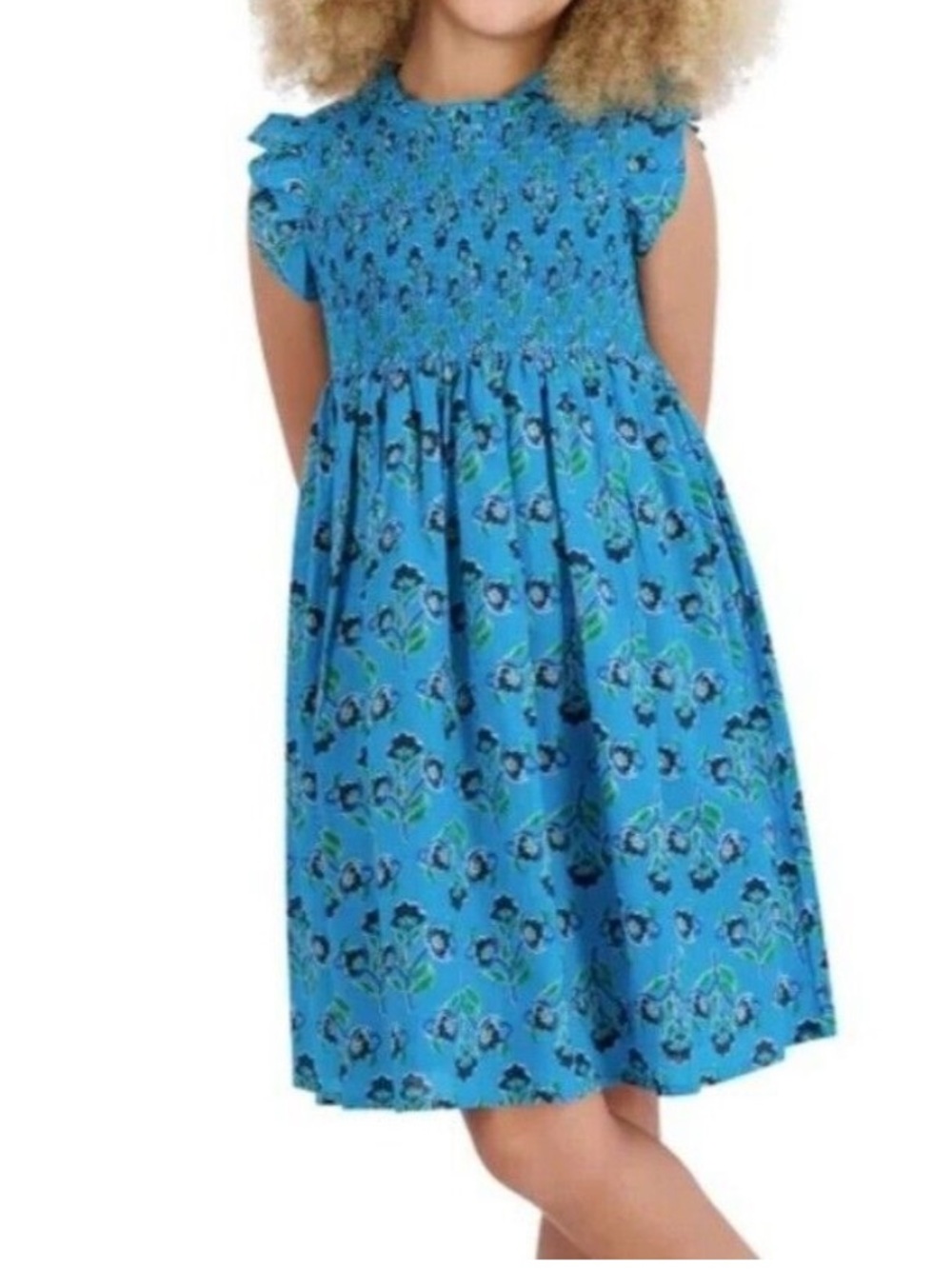 French Connection Girls Bright Blue Floral Smocked Dress L(12-14)